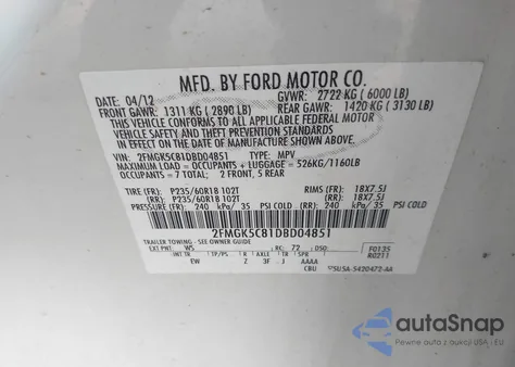 2013 Ford Flex Sel from USA, damaged, VIN 2FMGK5C81DBD04851